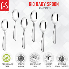 Rio baby spoon 6-piece set infographic showing food grade safe, easy to clean, dishwasher safe, mirror finish, and durable stainless steel features