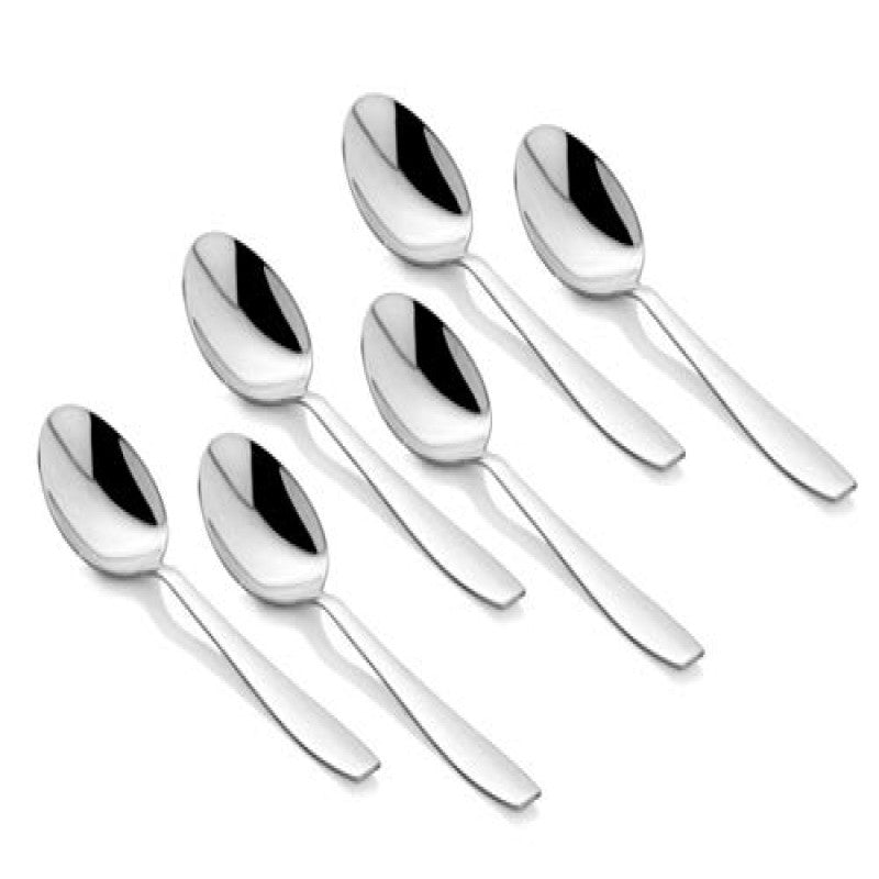 Six Rio stainless steel baby spoons with smooth mirror finish handles displayed on white background