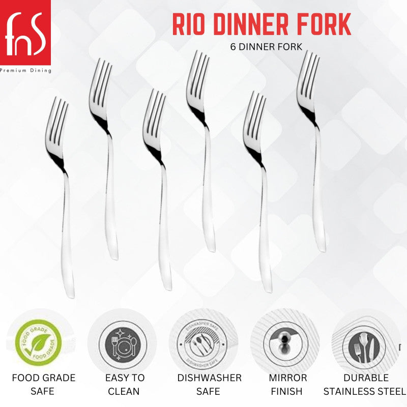 Rio dinner fork 6-piece set infographic showing food grade safe, easy to clean, dishwasher safe, mirror finish, and durable stainless steel features.