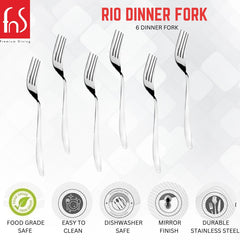Rio dinner fork 6-piece set infographic showing food grade safe, easy to clean, dishwasher safe, mirror finish, and durable stainless steel features.