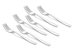 Rio dinner fork set of 6 pieces in stainless steel with curved handles arranged in two rows on white background