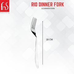 Rio dinner fork size chart showing 18cm length measurement with curved handle design