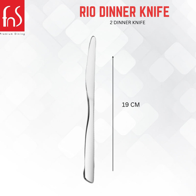 Single FnS Rio stainless steel dinner knife measuring 19 centimeters in length, displayed vertically with measurement indicator on white background.
