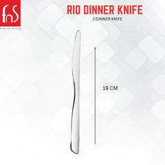 Single FnS Rio stainless steel dinner knife measuring 19 centimeters in length, displayed vertically with measurement indicator on white background.