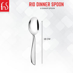 Rio Dinner Spoon single piece measuring 18 cm in length with mirror finish stainless steel construction
