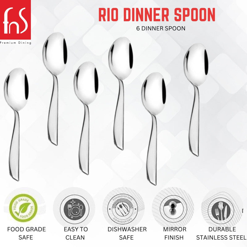 Rio Dinner Spoon 6-piece set infographic showing food grade safe, easy to clean, dishwasher safe, mirror finish, and durable stainless steel features