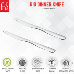 FnS Rio Dinner Knife set of two featuring food-grade safe, easy clean, dishwasher safe, mirror finish, durable stainless steel properties.