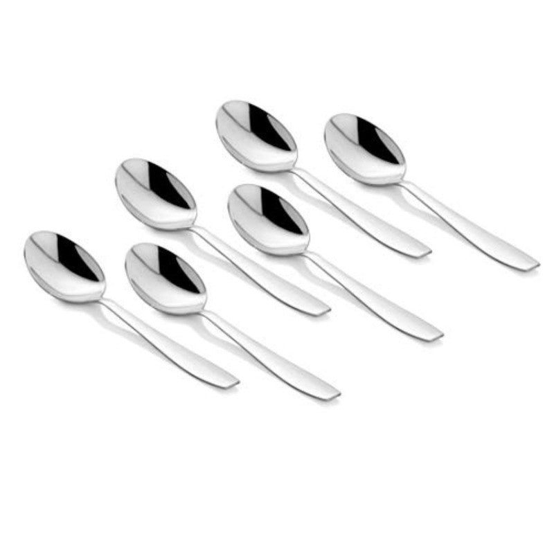 Six-piece Rio stainless steel dinner spoons set with mirror finish and sleek modern design displayed at angle