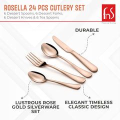 Elegant rose gold cutlery set described as durable, lustrous, and featuring a timeless classic design.