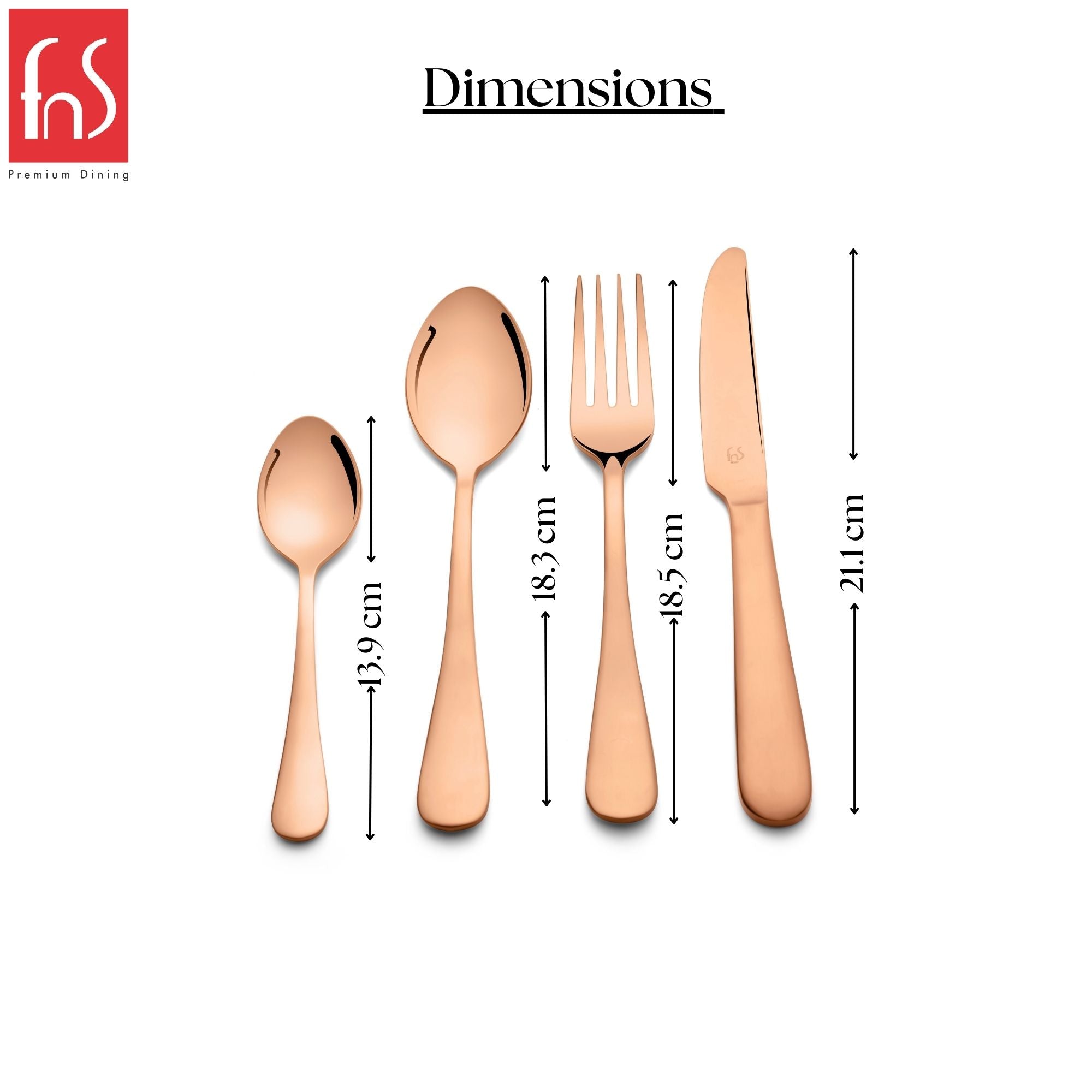 Single rose gold dinner knife with smooth handle displayed in profile view with measurement line indicating total length of 21.1 centimeters on white background.