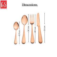 Single rose gold dinner knife with smooth handle displayed in profile view with measurement line indicating total length of 21.1 centimeters on white background.