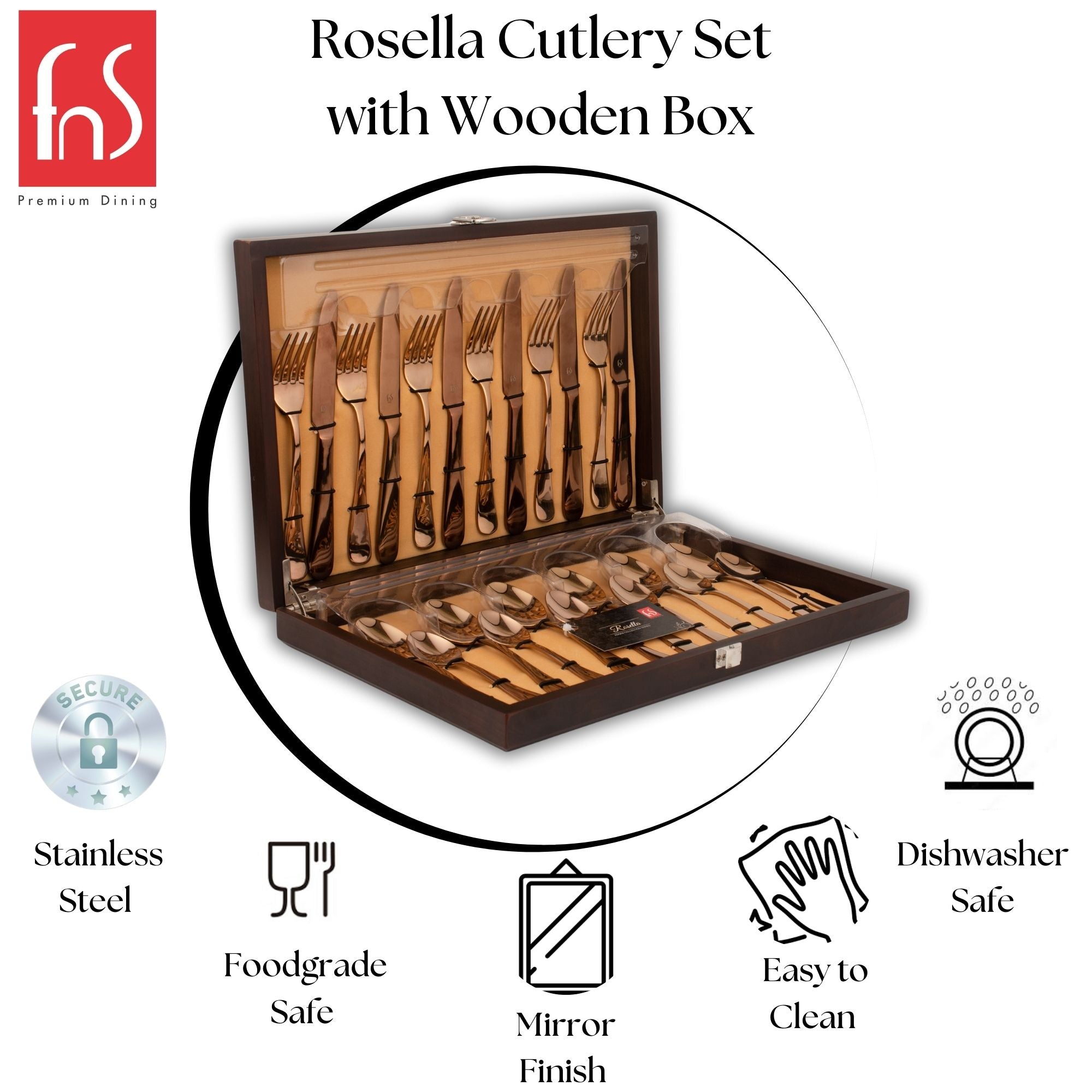Premium dining brand logo showcasing Rosella Cutlery Set with open wooden display case containing multiple rose gold utensils, highlighting features: stainless steel, foodgrade safe, dishwasher safe, mirror finish, and easy to clean.
