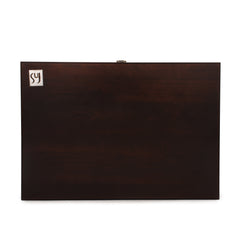 Closed dark brown wooden storage box with metal latch and decorative logo on top corner, designed for storing and displaying the Rosella premium cutlery set.