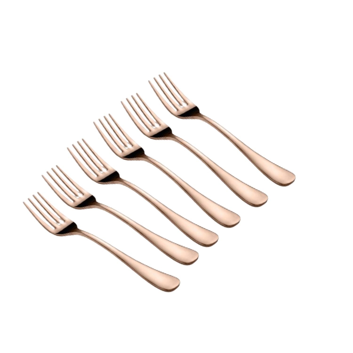 Set of six rose gold forks displayed diagonally on white background, reflecting premium quality, modern design, and elegant tableware collection.