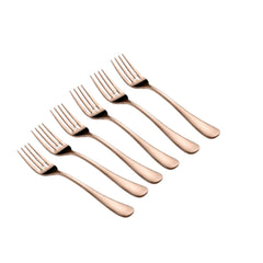 Set of six rose gold forks displayed diagonally on white background, reflecting premium quality, modern design, and elegant tableware collection.