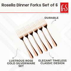 Rosella dinner forks set of six in rose gold, durable design, lustrous finish, timeless classic silverware style by FnS Premium Dining.