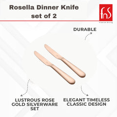 FnS Rosella Dinner Knife set of two featuring durable, lustrous rose gold silverware with elegant timeless classic design for premium dining.