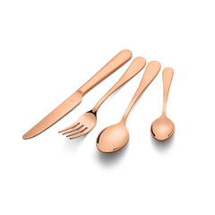 Pair of rose gold stainless steel dinner knives with smooth polished handles and blades displayed at angle on neutral white background for product presentation purposes.