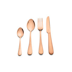 Four rose gold stainless steel utensils displayed on white background: small teaspoon, dessert spoon, dinner fork, and dinner knife arranged in increasing size order.