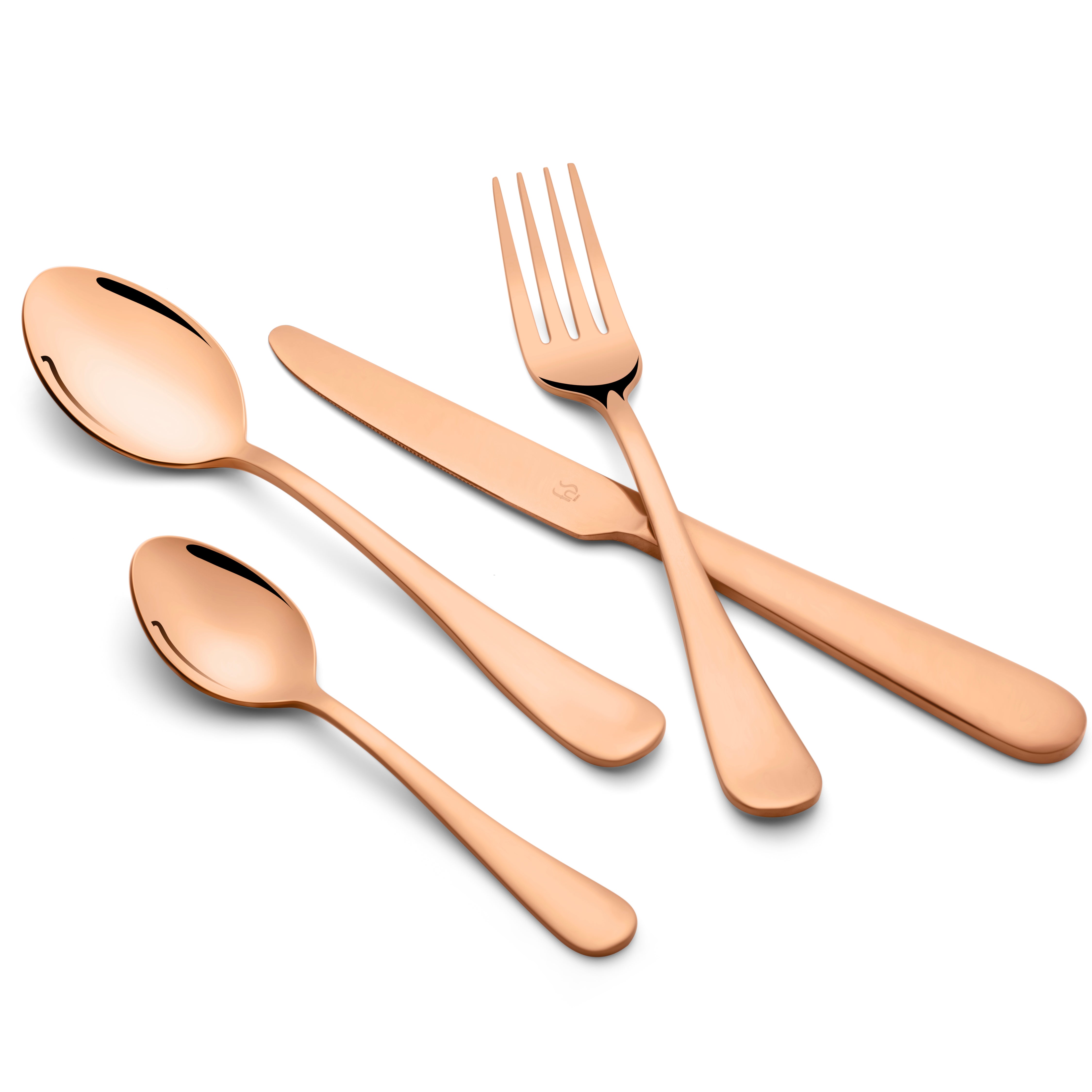 Four rose gold stainless steel utensils arranged on white background: two teaspoons, one dinner knife, and one dinner fork showing elegant design and premium finish.