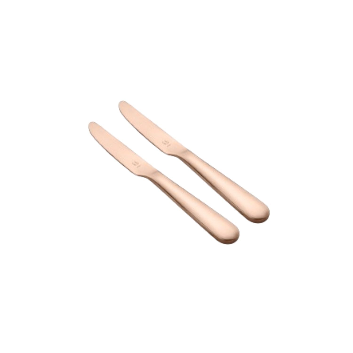 Two FnS Rosella rose gold dinner knives arranged diagonally, showcasing elegant curved handles and polished finish against clean white background.
