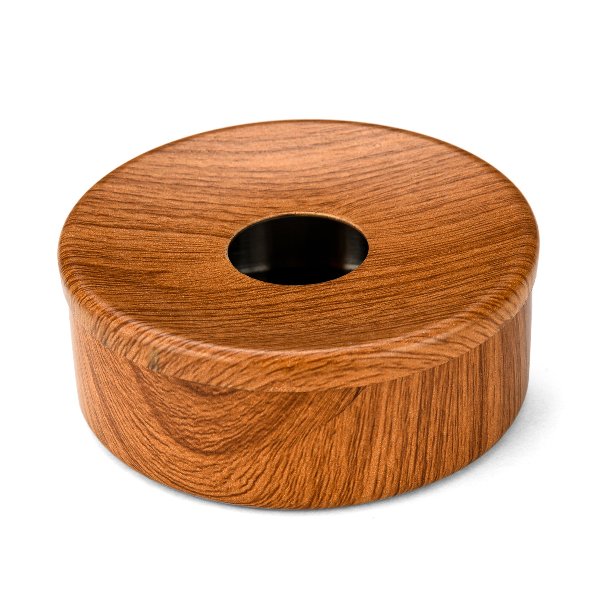 Round wooden ashtray with natural oak grain pattern and circular center opening on white background