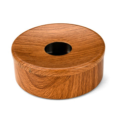 Round wooden ashtray with natural oak grain pattern and circular center opening on white background