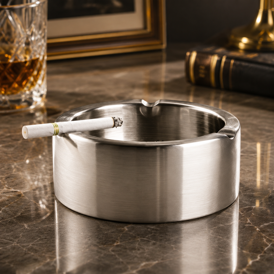 FnS Premium Stainless Steel Round Ash Tray with smooth edges, displayed on a marble counter with cigarette and whisky.