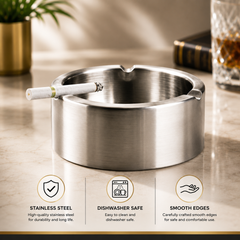 FnS Premium Stainless Steel Round Ash Tray with dishwasher safe design, smooth edges and high-quality stainless steel.