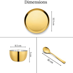 FnS Royal 24 pcs Stainless Steel Gold Dinner Set (6 Thali, 12 Katori (Bowl), 6 Dinner Spoon)