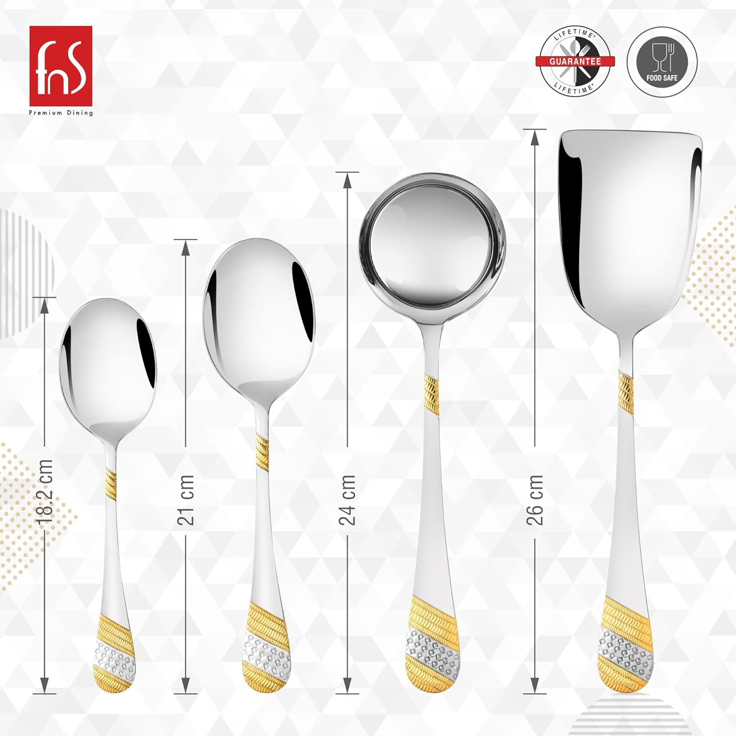 Graphic showing serving spoons, ladle, and server with dimensions and food-safe, lifetime guarantee icons.
