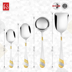 Graphic showing serving spoons, ladle, and server with dimensions and food-safe, lifetime guarantee icons.