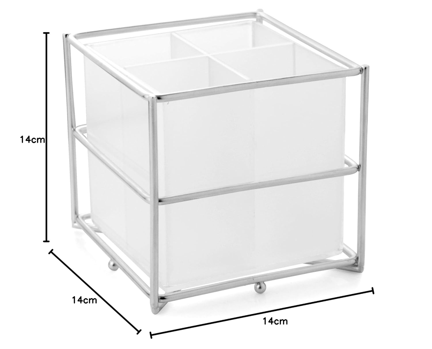 Cutlery holder with steel frame, four sections, and labeled dimensions: 14 cm height and width.