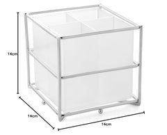 Cutlery holder with steel frame, four sections, and labeled dimensions: 14 cm height and width.