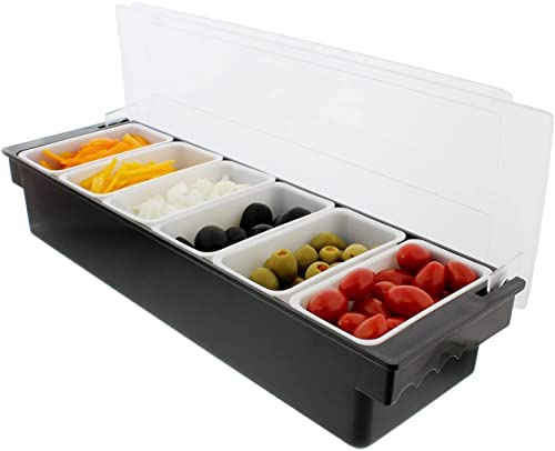 Black condiment caddy with clear lid opened showing six white compartments filled with orange cheese, onions, black olives, green olives, and cherry tomatoes