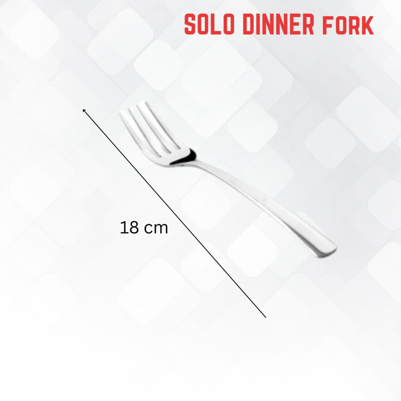 Single stainless steel fork measuring 18cm length against white geometric background