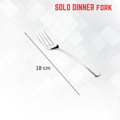 Single stainless steel fork measuring 18cm length against white geometric background