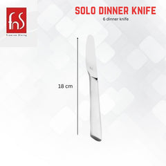 Single FnS Solo stainless steel dinner knife measuring 18 centimeters in length, displayed vertically on white background with dimension marker.