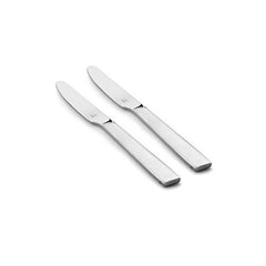 Two polished stainless steel dinner knives with sleek flat handles and branded logo, arranged diagonally on clean white background.