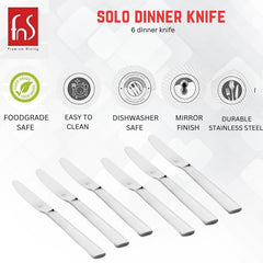 FnS Solo Dinner Knife set of six with feature icons showing food-grade safe, easy clean, dishwasher safe, mirror finish, durable stainless steel.