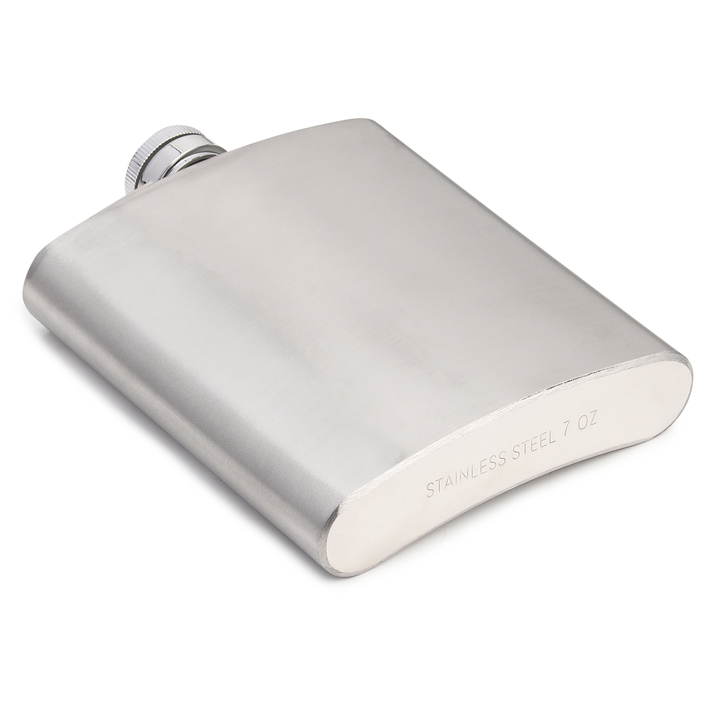 7oz stainless steel hip flask with brushed finish and engraved text, screw cap with textured grip, lying flat on white background