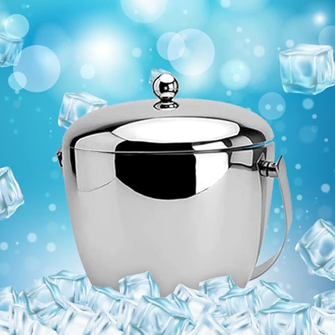 Stainless steel apple-shaped ice bucket with spherical knob lid on blue bokeh background with floating ice cubes