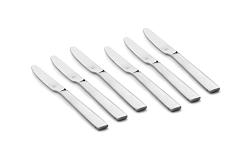Set of six straight-edged dinner knives with smooth flat handles placed against a white background.