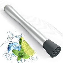 Stainless steel cocktail muddler with textured black grip head next to fresh mint leaves, lime wedge, and ice cube water splash