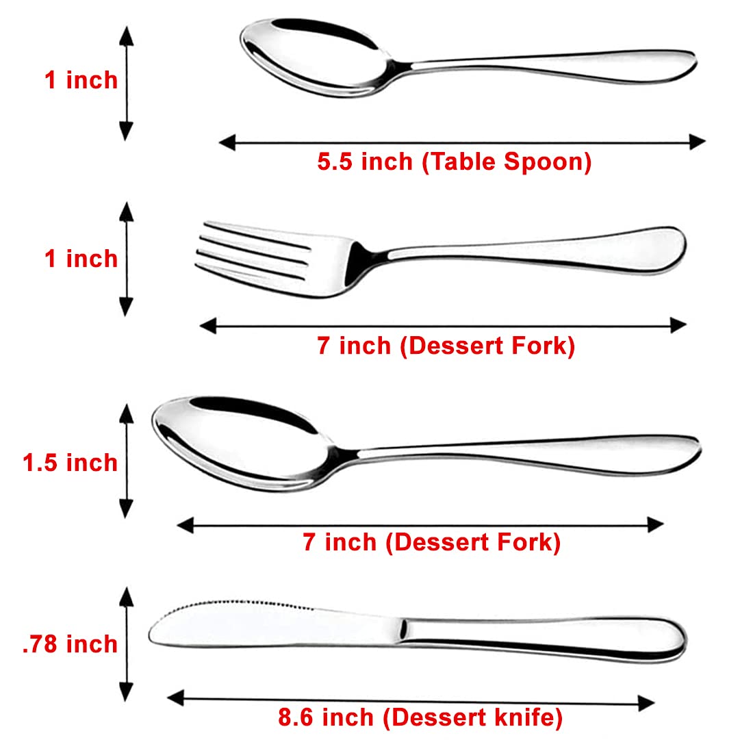 Cutlery dimensions labeled for tablespoon, dessert fork, dessert spoon, and dessert knife.
