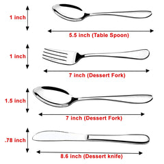 Cutlery dimensions labeled for tablespoon, dessert fork, dessert spoon, and dessert knife.