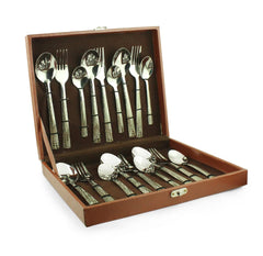 Complete stainless steel cutlery set with decorative handles displayed in an open brown presentation case.