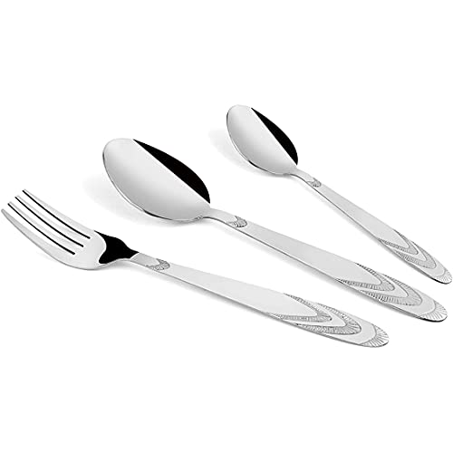 Fork, tablespoon, and teaspoon with matching engraved handles displayed on a white background in a row.