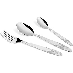 Fork, tablespoon, and teaspoon with matching engraved handles displayed on a white background in a row.