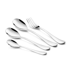 Minimalist polished silver cutlery set with gentle curves displayed diagonally on white background.